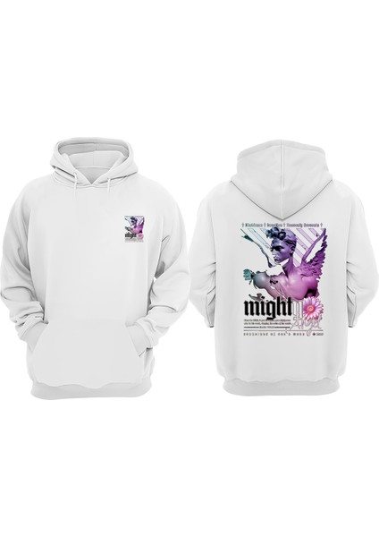 Unisex Mighty Angel Tasarım Ön Arka Baskılı Normal Kalıp Beyaz Sweatshirt