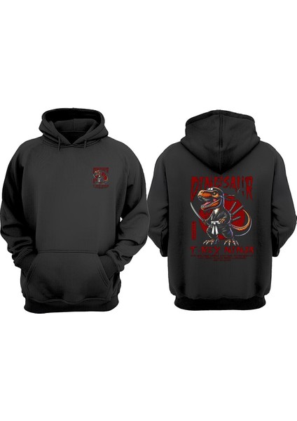 Unisex T-Rex Ninja Dinasaur Tasarım Ön Arka Baskılı Normal Kalıp Siyah Sweatshirt