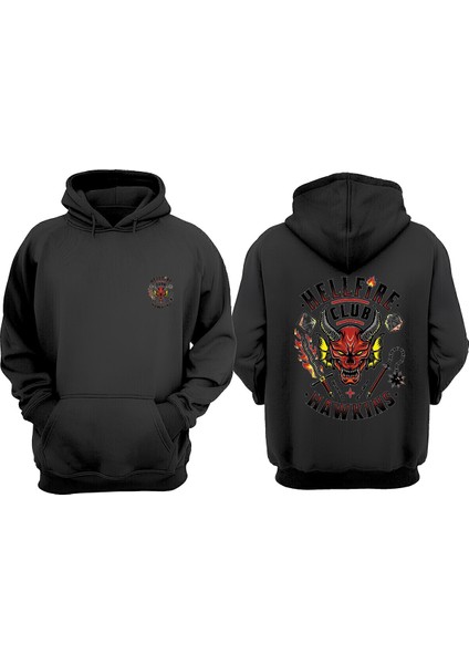 Unisex Hellfire Club Tasarım Ön Arka Baskılı Normal Kalıp Siyah Sweatshirt