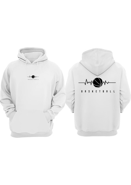 Unisex Basketball Çizimi Tasarım Ön Arka Baskılı Normal Kalıp Beyaz Sweatshirt