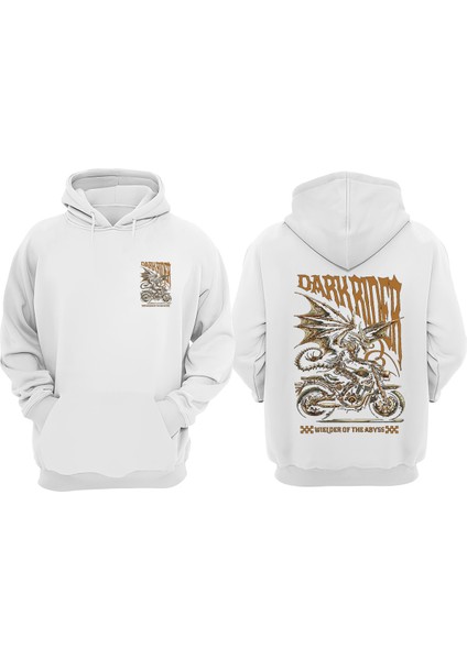 Unisex Dark Rider Motor Tasarım Ön Arka Baskılı Normal Kalıp Beyaz Sweatshirt