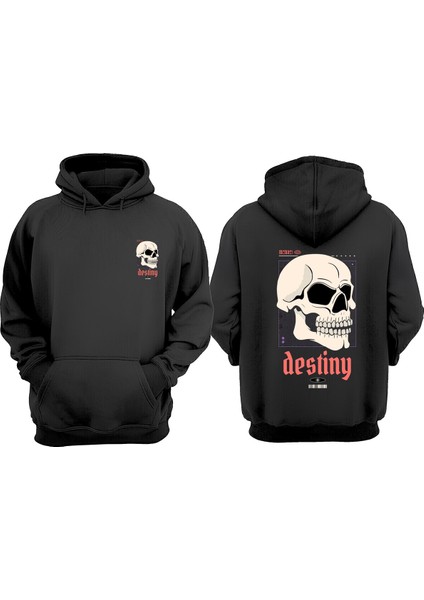 Unisex Destiny Skull Tasarım Ön Arka Baskılı Normal Kalıp Siyah Sweatshirt