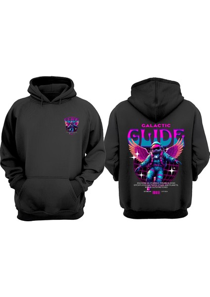 Unisex Galactic Glide Tasarım Ön Arka Baskılı Normal Kalıp Siyah Sweatshirt