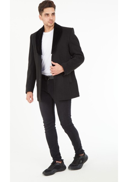 1661 Yaka Kürkü Çıkmalı Yünlü Kaşe Siyah Erkek Kaban modelleri