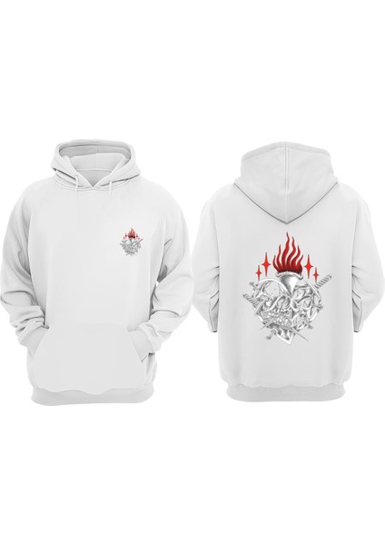 Unisex Kalbın Ustunde Yanan Meşale Tasarım Ön Arka Baskılı Normal Kalıp Beyaz Sweatshirt