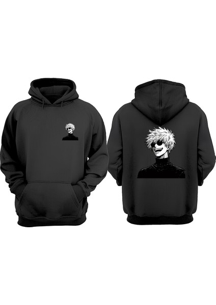Unisex Gojo Saturo Smile Tasarım Ön Arka Baskılı Normal Kalıp Siyah Sweatshirt