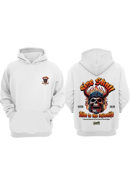 Unisex Yanan Iskelet Kafası Tasarım Ön Arka Baskılı Normal Kalıp Beyaz Sweatshirt