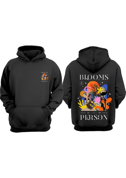 Unisex Blooms Person Tasarım Ön Arka Baskılı Normal Kalıp Siyah Sweatshirt