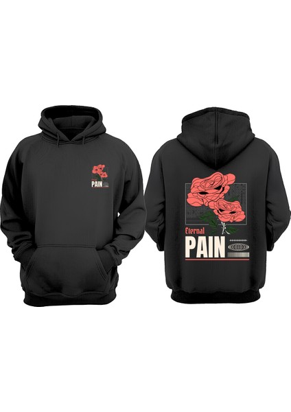 Unisex Eternal Paın Gül Tasarım Ön Arka Baskılı Normal Kalıp Siyah Sweatshirt