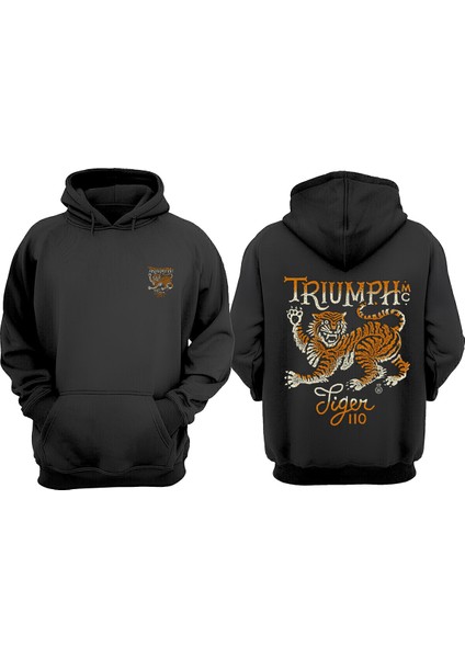 Unisex Trıumph Tıger Tasarım Ön Arka Baskılı Normal Kalıp Siyah Sweatshirt
