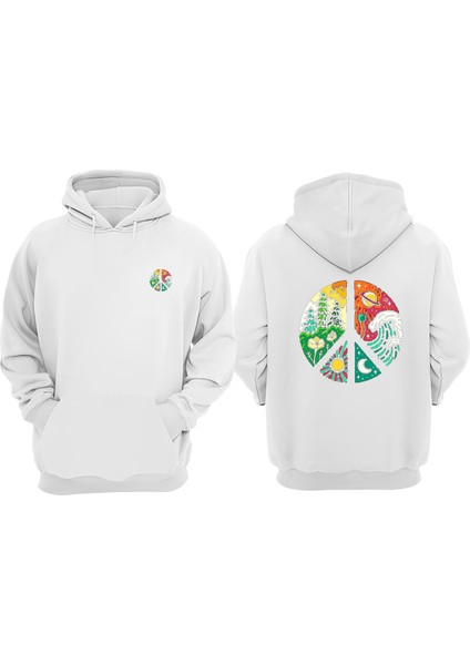 Unisex Peace Love Dope Tasarım Ön Arka Baskılı Normal Kalıp Beyaz Sweatshirt