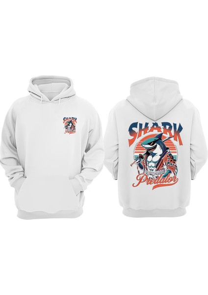 Unisex Shark Yakuza Retro Sunset Tasarım Ön Arka Baskılı Normal Kalıp Beyaz Sweatshirt
