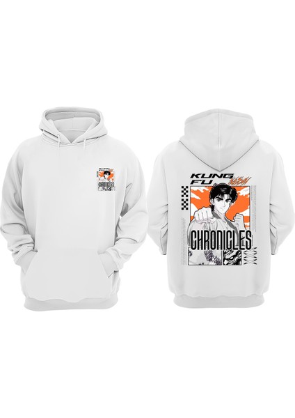 Unisex Kungfu Man Anime Manga Tasarım Ön Arka Baskılı Normal Kalıp Beyaz Sweatshirt