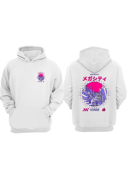 Unisex Megacity Japanese Apparel Tasarım Ön Arka Baskılı Normal Kalıp Beyaz Sweatshirt