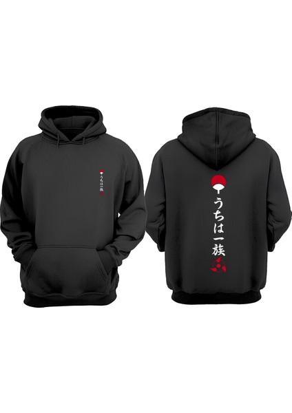 Unisex Itachi Uchiha Sahringan Tasarım Ön Arka Baskılı Normal Kalıp Siyah Sweatshirt