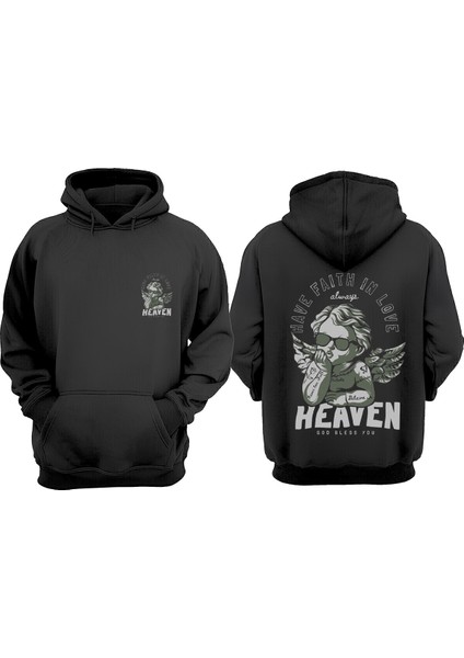Unisex Heaven Love Tasarım Ön Arka Baskılı Normal Kalıp Siyah Sweatshirt
