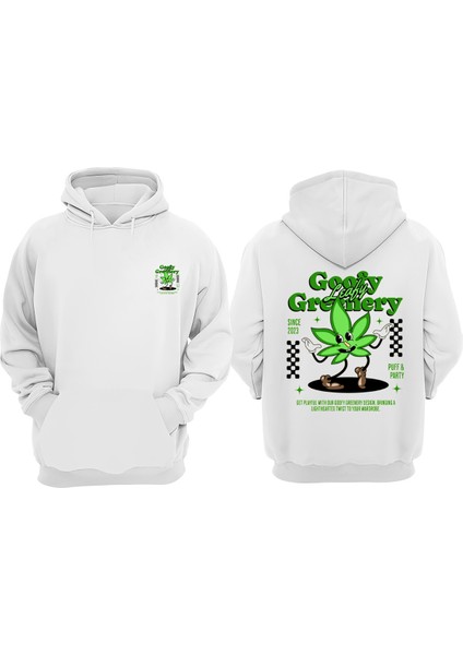 Unisex Goofy Leafy Greenery Tasarım Ön Arka Baskılı Normal Kalıp Beyaz Sweatshirt
