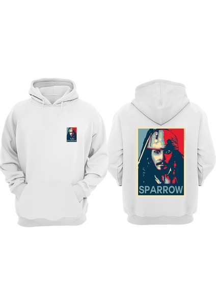 Unisex Jack Sparrow Tasarım Ön Arka Baskılı Normal Kalıp Beyaz Sweatshirt
