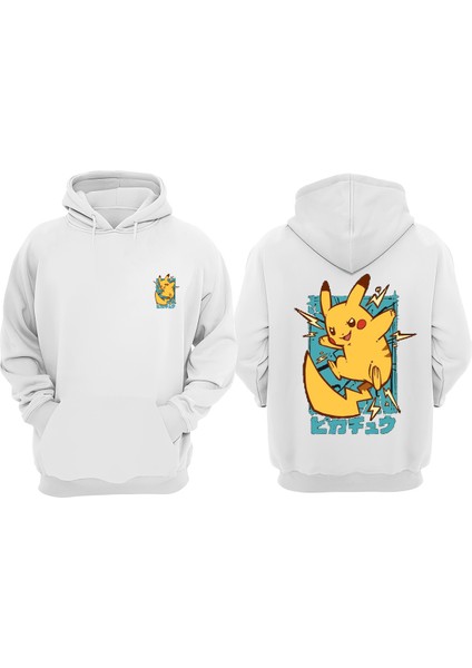Unisex Anime Pikacu Tasarım Ön Arka Baskılı Normal Kalıp Beyaz Sweatshirt