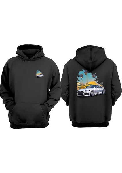 Unisex Palmiye Araba Tasarım Ön Arka Baskılı Normal Kalıp Siyah Sweatshirt