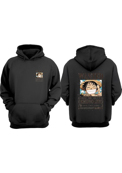 Unisex Wanted Monkey Luffy Tasarım Ön Arka Baskılı Normal Kalıp Siyah Sweatshirt