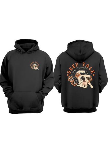 Unisex Deep Talk Tasarım Ön Arka Baskılı Normal Kalıp Siyah Sweatshirt