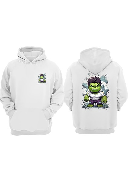 Unisex Küçük Hulk Tasarım Ön Arka Baskılı Normal Kalıp Beyaz Sweatshirt