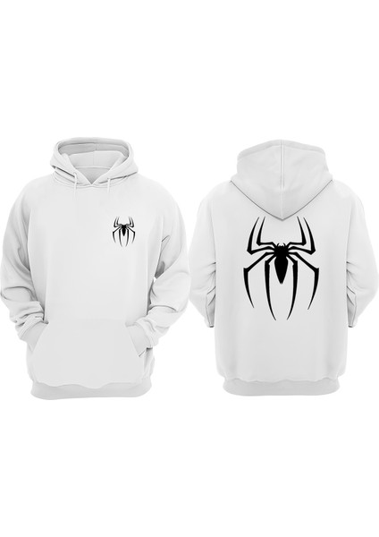 Unisex Örümcek Spider Çizim Tasarım Ön Arka Baskılı Normal Kalıp Beyaz Sweatshirt