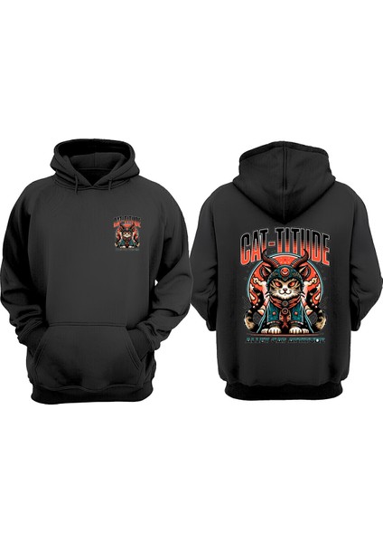 Unisex Cat Titude Tasarım Ön Arka Baskılı Normal Kalıp Siyah Sweatshirt