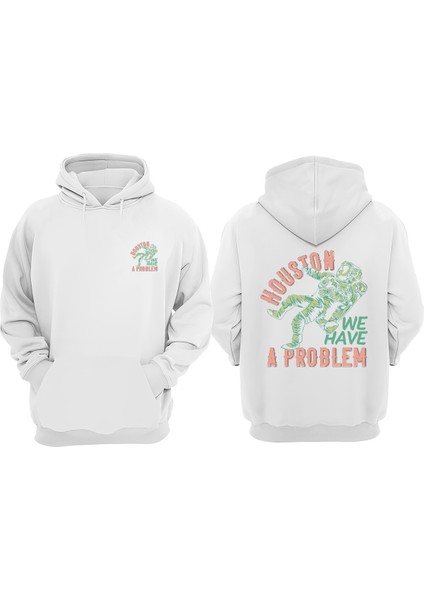 Unisex Houston A Problem Tasarım Ön Arka Baskılı Normal Kalıp Beyaz Sweatshirt