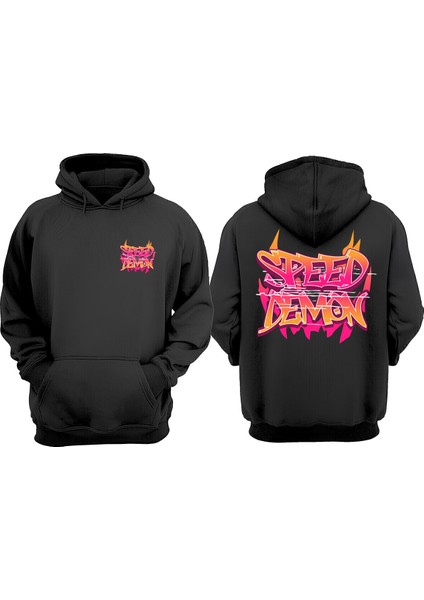 Unisex Speed Demon Tasarım Ön Arka Baskılı Normal Kalıp Siyah Sweatshirt