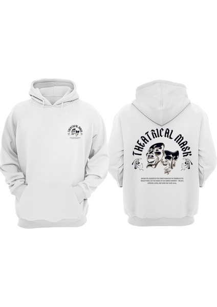 Unisex Theatrıcal Mask Tasarım Ön Arka Baskılı Normal Kalıp Beyaz Sweatshirt