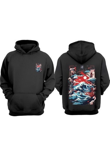 Unisex Anime Jopon Dağ ve Ağaçlar Tasarım Ön Arka Baskılı Normal Kalıp Siyah Sweatshirt