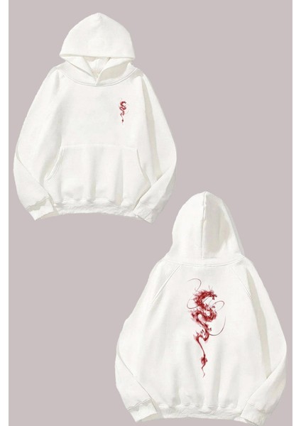 Unisex Red Dragon Cizimi Tasarım Ön Arka Baskılı Normal Kalıp Beyaz Sweatshirt