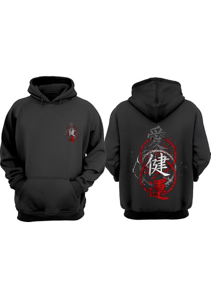 Unisex Kırmız Gri Jopon Harfler Tasarım Ön Arka Baskılı Normal Kalıp Siyah Sweatshirt