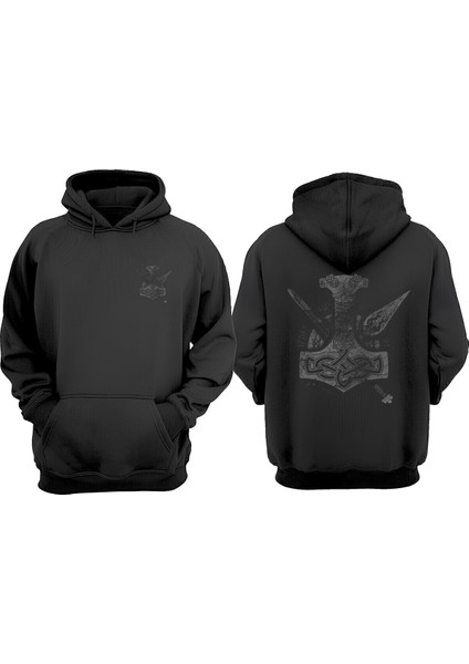 Unisex Viking Çekiç ve Kılıç Tasarım Ön Arka Baskılı Normal Kalıp Siyah Sweatshirt