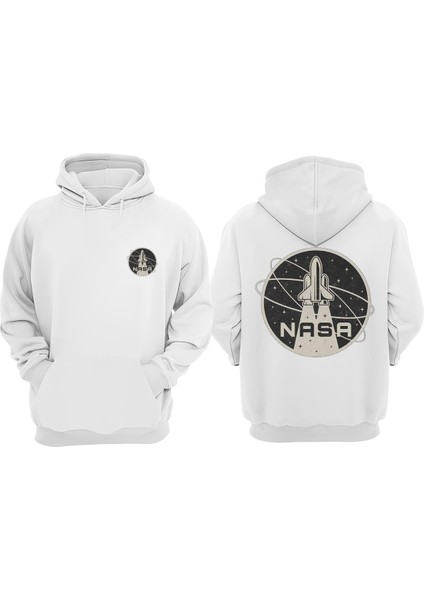 Unisex Nasa Rocket Tasarım Ön Arka Baskılı Normal Kalıp Beyaz Sweatshirt