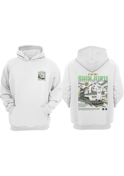 Unisex Shinjuku Tren Tasarım Ön Arka Baskılı Normal Kalıp Beyaz Sweatshirt