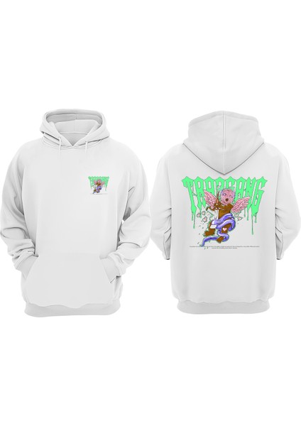 Unisex Trargang Tasarım Ön Arka Baskılı Normal Kalıp Beyaz Sweatshirt