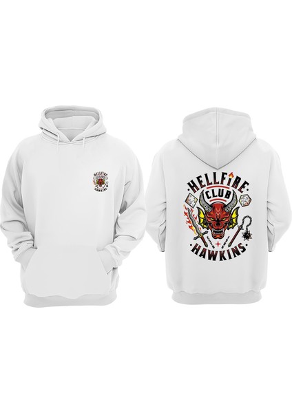 Unisex Hellfire Club Tasarım Ön Arka Baskılı Normal Kalıp Beyaz Sweatshirt