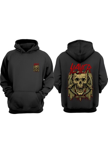 Unisex Kafatası Slayer Tasarım Ön Arka Baskılı Normal Kalıp Siyah Sweatshirt