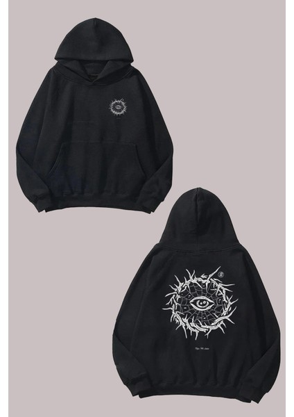Unisex Tasarım Göz Çizimi Tasarım Ön Arka Baskılı Normal Kalıp Siyah Sweatshirt