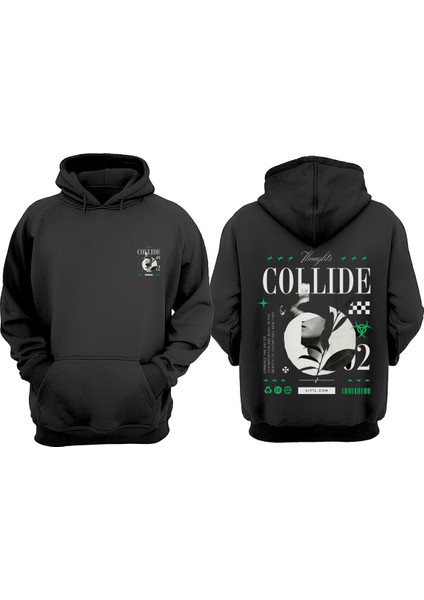 Unisex Collide Tasarım Ön Arka Baskılı Normal Kalıp Siyah Sweatshirt