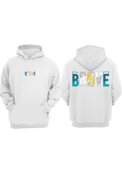 Unisex Brave Tasarım Ön Arka Baskılı Normal Kalıp Beyaz Sweatshirt