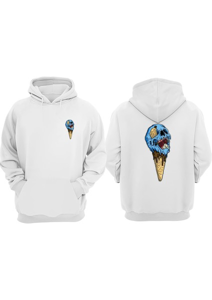 Unisex Eriyen Yüz Dondurma Tasarım Ön Arka Baskılı Normal Kalıp Beyaz Sweatshirt