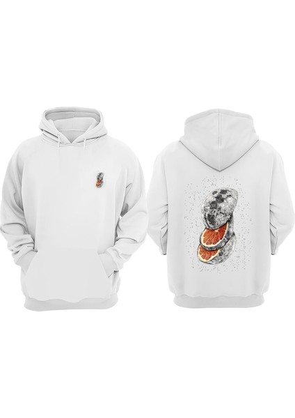 Unisex Portakal Ay Tasarım Ön Arka Baskılı Normal Kalıp Beyaz Sweatshirt