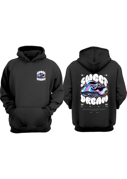 Unisex Sweet Dream Tasarım Ön Arka Baskılı Normal Kalıp Siyah Sweatshirt
