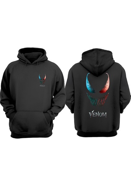 Unisex Venom Face Bule And Red Tasarım Ön Arka Baskılı Normal Kalıp Siyah Sweatshirt