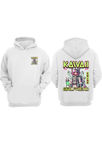 Unisex Kawaii Neko Anime Girl Tasarım Ön Arka Baskılı Normal Kalıp Beyaz Sweatshirt