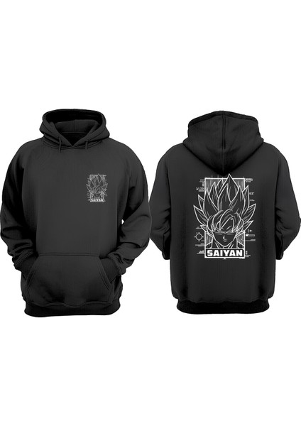 Unisex Goku Saıyan Tasarım Ön Arka Baskılı Normal Kalıp Siyah Sweatshirt